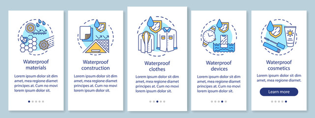 Waterproof materials onboarding mobile app page screen with linear concepts. Moisture resistant devices walkthrough steps graphic instructions. UX, UI, GUI vector template with illustrations