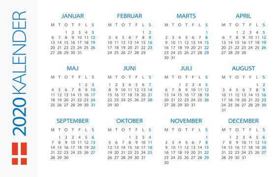 Calendar 2020 Horizontal - illustration. Danish version