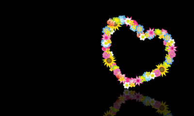 Heart illustration made with flowers on dark background