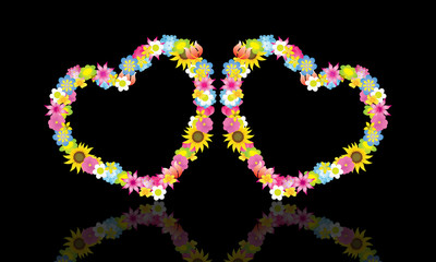 Heart illustration made with flowers on dark background