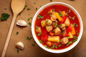 Stew or soup made from vegetables and german sausages