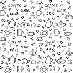 graphic hand drawn seamless pattern of elements on theme of coffee and tea.