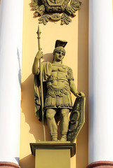 Ancient warrior statue with spear and shield