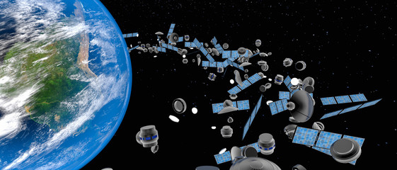 a lot of satellites scrap in orbit (3d rendering,this image elements furnished by NASA) © rtype