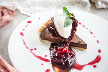 Chocolate Custard Tart Dessert with Concord Grape Compote and Vanilla Chantilly Cream