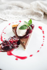 Chocolate Custard Tart Dessert with Concord Grape Compote and Vanilla Chantilly Cream