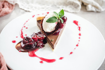 Chocolate Custard Tart Dessert with Concord Grape Compote and Vanilla Chantilly Cream