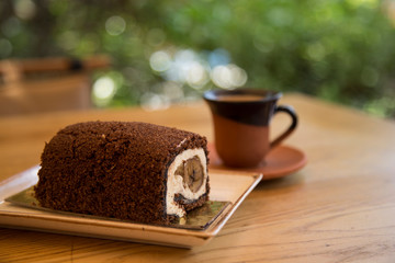 the cake and Turkish coffee service concept in the cafe . 
