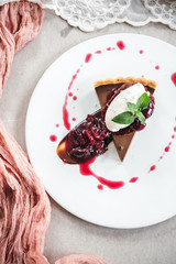 Chocolate Custard Tart Dessert with Concord Grape Compote and Vanilla Chantilly Cream