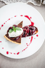Chocolate Custard Tart Dessert with Concord Grape Compote and Vanilla Chantilly Cream