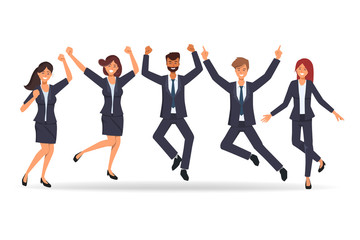 Fototapeta na wymiar Teamwork of business people character jumping in successful job.