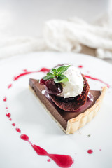 Chocolate Custard Tart Dessert with Concord Grape Compote and Vanilla Chantilly Cream