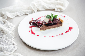 Chocolate Custard Tart Dessert with Concord Grape Compote and Vanilla Chantilly Cream