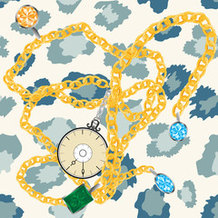 Vector Seamless pattern of leopard skin with gold chains blue sky, citrine and green emerald gemstone and vintage clock,Wild Animals pattern for textile or wall paper in vintage colourr wall paper