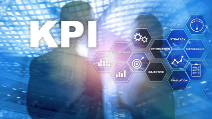 KPI - Key Performance Indicator. Business and technology concept. Multiple exposure, mixed media. Financial concept on blurred background.