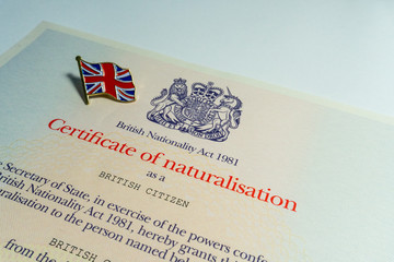 Official certificate of naturalisation awarded to new British Citizens