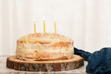 Whole Vanilla Cake with Sprinkles and three yellow candles