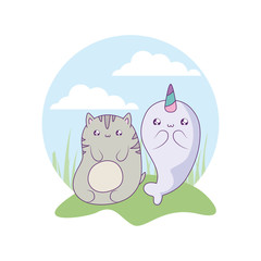cute narwhal fairytale with cat kawaii style