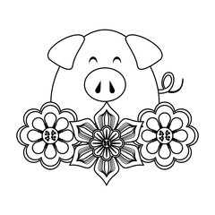 cute animal pig farm cartoon in black and white