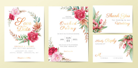 Wedding invitation cards template set with elegant flowers. Watercolor flowers decoration Save the Date, Invitation, Greeting, Thank You, RSVP cards vector