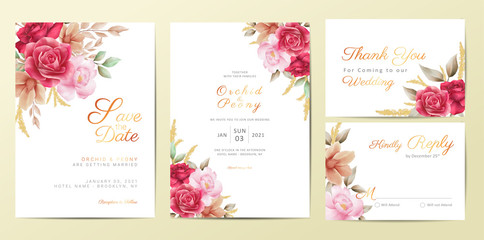 Fototapeta na wymiar Romantic flowers wedding invitation cards template set. Watercolor flowers decoration Save the Date, Invitation, Greeting, Thank You, RSVP cards vector