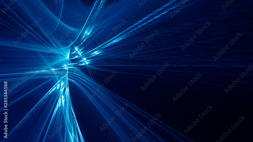 Aufkleber Abstract blue background element on black. Fractal graphics 3d Illustration. Three-dimensional composition of glowing lines and motion blur traces. Movement and innovation concept.