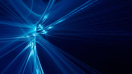 Abstract blue background element on black. Fractal graphics 3d Illustration. Three-dimensional composition of glowing lines and motion blur traces. Movement and innovation concept.