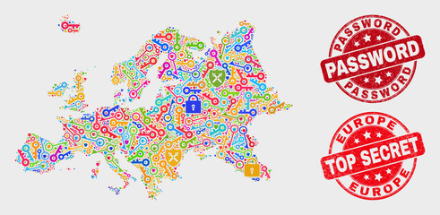 Security Europe map and seal stamps. Red round Top Secret and Password grunge seal stamps. Colorful Europe map mosaic of different keeper icons. Vector combination for security purposes.