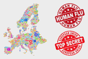 Secure European Union map and seal stamps. Red round Top Secret and Human Flu scratched seal stamps. Colored European Union map mosaic of different key elements. Vector collage for keeping purposes.