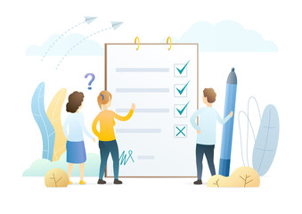 Opinion poll, checklist flat vector illustration. People with huge stationery items cartoon characters. Man and women fill out questionnaire form. Customer feedback, voting survey. Paperwork metaphor.