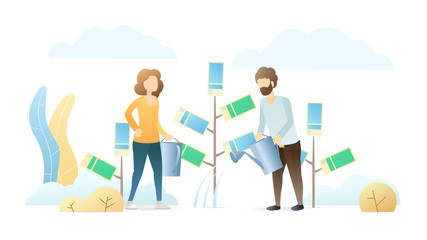 People water money tree flat vector illustration. Businesswoman and businessman cartoon characters. Business development, entrepreneurship activity. Finances management, budget growth metaphor.