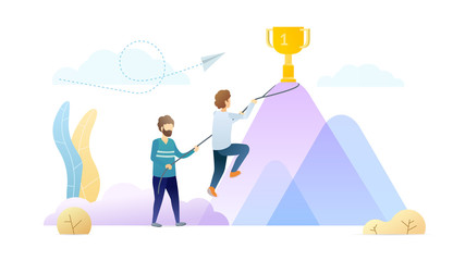 Goal achievement metaphor flat vector illustration. Successful businessmen climbing mountain cartoon characters. Business partnership, colleagues teamwork. Personal improvement, career growth.