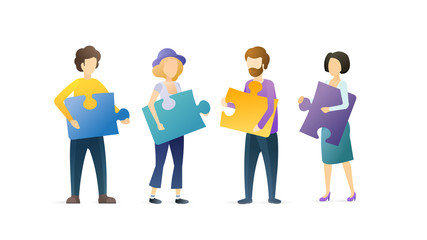 Group problem solving flat vector illustration. Men and women holding jigsaw puzzle pieces cartoon characters. Team building exercise, colleagues cooperation. Idea generation, teamwork metaphor.