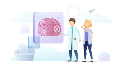 Neurology clinic, neurobiology vector illustration. Neurologist doctor and patient with headache cartoon characters. Medical migraine treatment, diagnosis center. Human brain physiology study.