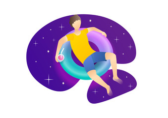 Relax in rubber ring flat vector illustration. Cartoon tourist, holidaymaker drinking summer cocktail. Summertime recreation, leisure activities metaphor. Man floating in safety ring in space.