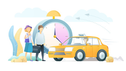 Professional taxi service flat vector illustration. Tourists couple with luggage and chauffeur cartoon characters. Passengers waiting for ride. City travel, urban transportation, cab delivery business