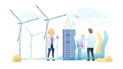 Clean alternative energy flat vector illustration. Eco friendly power plant workers cartoon characters. Modern electricity station with wind turbines. Environment conservation, ecology protection.