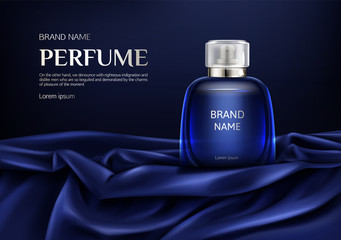 Perfume bottle on silk folded fabric background. Glass flask with dark blue liquid, packaging design mock up. Scent fragrance cosmetic beauty product, promo ad banner. Realistic 3d vector illustration