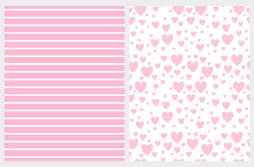  Lovely Hearts and Stripes Vector Pattern Set. White Horizontal Stripes on a Pink Background. Light Pink Hearts Isolated On a Pink Layout. Cute Simple Geometric Design.