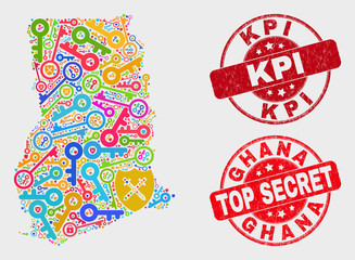Shield Ghana map and seal stamps. Red rounded Top Secret and Kpi textured seal stamps. Colored Ghana map mosaic of different security symbols. Vector collage for security purposes.