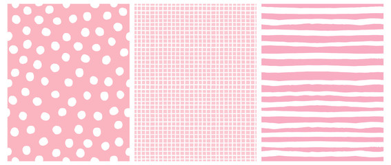 Hand Drawn Childish Style Vector Pattern Set. White Horizontal Stripes on a Pink Background. White Grid On a Pink Layout. White Polka Dots on a Pink. Cute Simple Geometric Design.