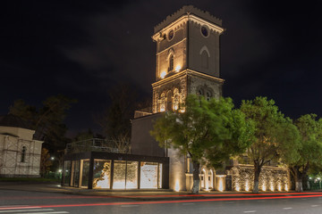 Night view of old clock tower in Poti, Niko Nikoladze tower. Georgia.