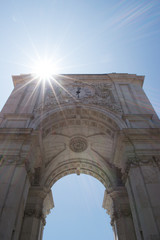 Lisbon Portugal city skyline at Arco da Rua Augusta and Commerce Square