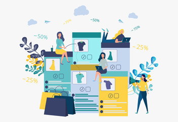 Business development strategy. Discounts on services, installment. Attracting customers, buyers. Online store. People catch things on the bait. Metaphor. Colorful Vector Illustration