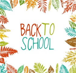 Fototapeta na wymiar Square back to school sale promo banner flyer template. Colourful leaves frame. Print flyer or social media ad template.