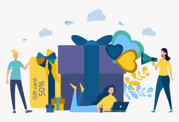 Gift card, gift voucher, discount coupon and gift voucher concept. People give presents. Colorful vector illustration