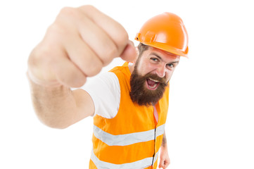 Yes we can. Man engineer protective uniform white background. Bearded brutal hipster safety engineer. Engineering career concept. Architect builder engineer. Safety apparel for construction industry