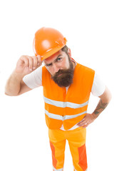 Picky inspector. Safety is main point. Man protective hard hat and uniform. Worker builder...