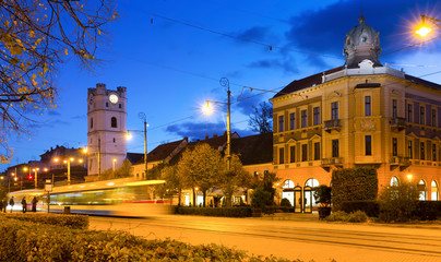 Night streets of Debrecen with Small Reformed Church