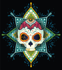 Dzień śmierci, kolorowa czaszka z kwiatowym wzorem, ornamentem w pastelowych kolorach na tle roślinnej mandali